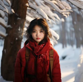 Uma garota com um rosto asiático e um casaco vermelho fica na neve com uma mochila.