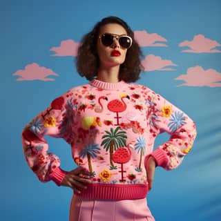 knitted sweat with tropical christmas pattern fluffy fabric palmer pattern sun red pink aesthetic campaign image