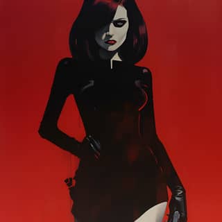 painted chibi woman with a gun in the style of film noir influence pulp comics trompe-l'œil illusionistic detail 1960s