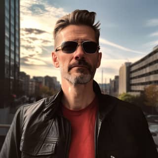 Un hombre de 40 años, Star-DJ Popstar, vistiendo gafas de sol negras muy oscuras y una camisa roja, parado en una gran calle de la ciudad.