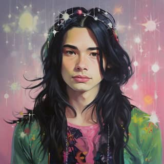 a pretty prince he is half chinese and half american he has long black hair and green eyes he is nineteen years old fair