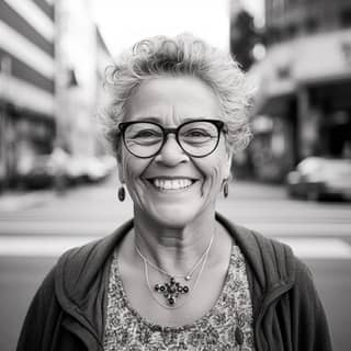 Une femme âgée avec des lunettes et un collier sourit à la caméra dans une rue de la ville.