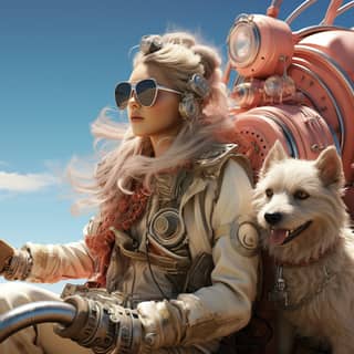 two women on motorcycles with a long dog with her back to it in the style of zbrush hyper-realistic sci-fi stan lee violet