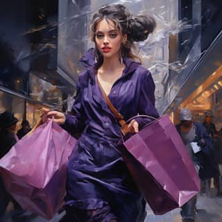 woman with bags in vilet, with purple shopping bags