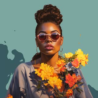 young black african girl wearing sunglasses holding paint with flowers