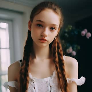 a 16-year-old girl with white skin blue jeans skinny ponytail front view white room