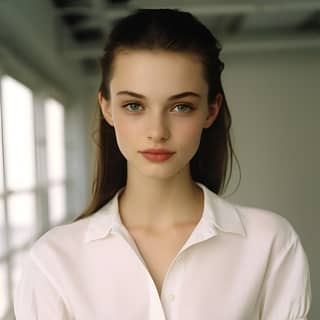 a 16-year-old girl with white skin skinny ponytail front view white room