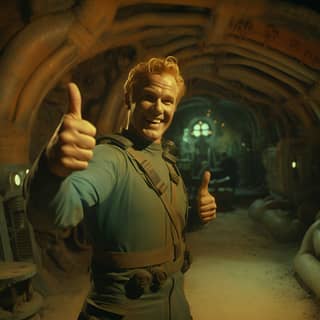 90s movie still Fallout vault boy smiling and doing a thumb up