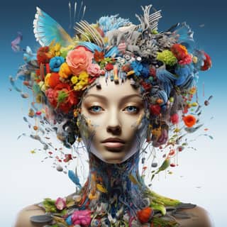 AI creativity UHD V5 2, with flowers and birds on her head