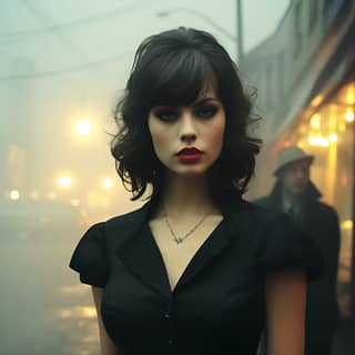 Un'immagine inquietante e misteriosa di una bellissima donna in piedi sotto la pioggia, con i capelli scuri e un vestito nero catturata da Todd Hido.