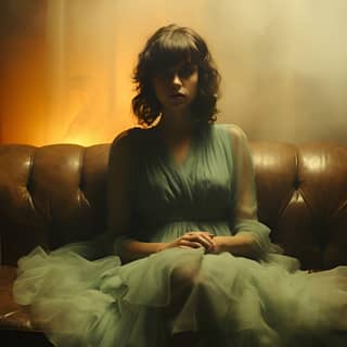 Bella donna seduta su un divano in un vestito verde con fumo e specchi, catturata da Todd Hido, evocando un'isolamento inquietante.