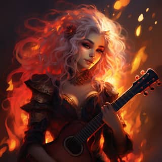 Brilliance a fire genasi bard with half-elven features Imagine her with curly hair adorned with fiery embers wearing vibrant