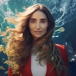 as a mermaid underwater, with long hair and a red jacket is standing in front of a wave