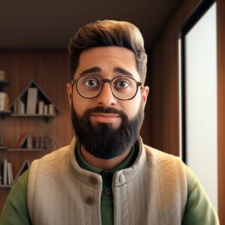 a character in the style of Pixar with green eyes and beard