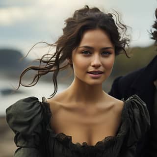 cinematic still happy wide angle Frankie Adams as MARY SHELLY wearing gothic dress and Lou Reed as PERCY BYSSHE SHELLEY in