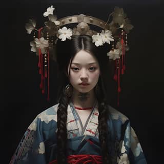 female Satoro Gojo, in traditional japanese clothing with flowers on her head