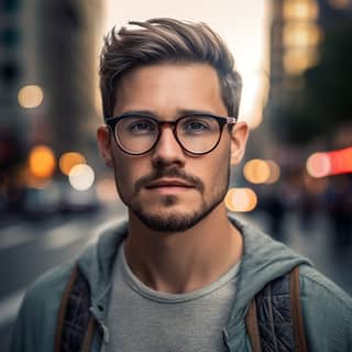 Eine Person mit Brille und Bart steht mit einem Rucksack in der Stadt.