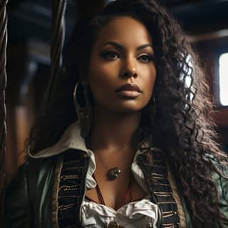 gorgeous plus size black female pirate on the mast of the ship with the saber and blinfold stunningly gorgeous bold curves