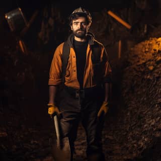 a handsome man in a coal mine mining coal with a shovel dslr portrait underground epic scene skin covered in coal worker of