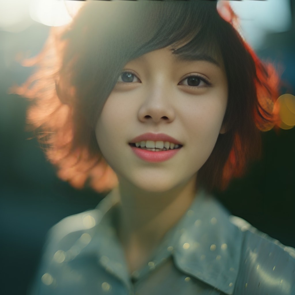 medium format photography in full color of a 22 years old japanese girl named Lucy short hair clear eyes full lips hairpunk