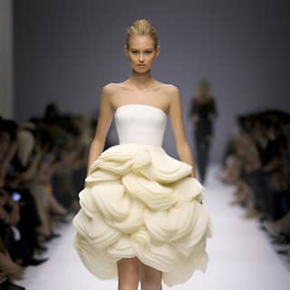 a model walks down the runway in a white dress