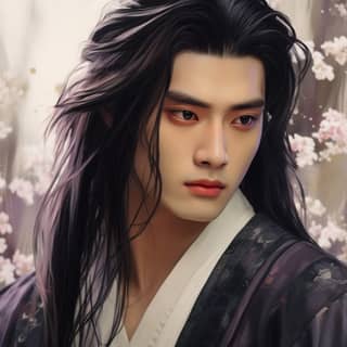 a painting style of a 22 year old Japanese man with long black hair and dark brown eyes He wears 1890s era clothing He wears