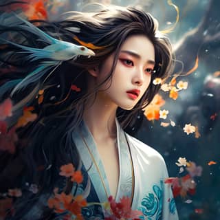 painting style of this image:, with long hair and a bird on her head