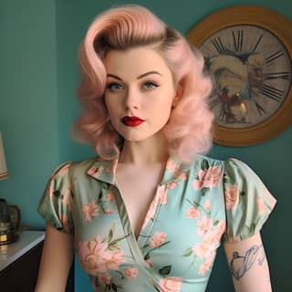 with pink hair and tattoos is posing for a photo