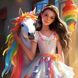 white summer dress and a unicorn with rainbow horn by her side