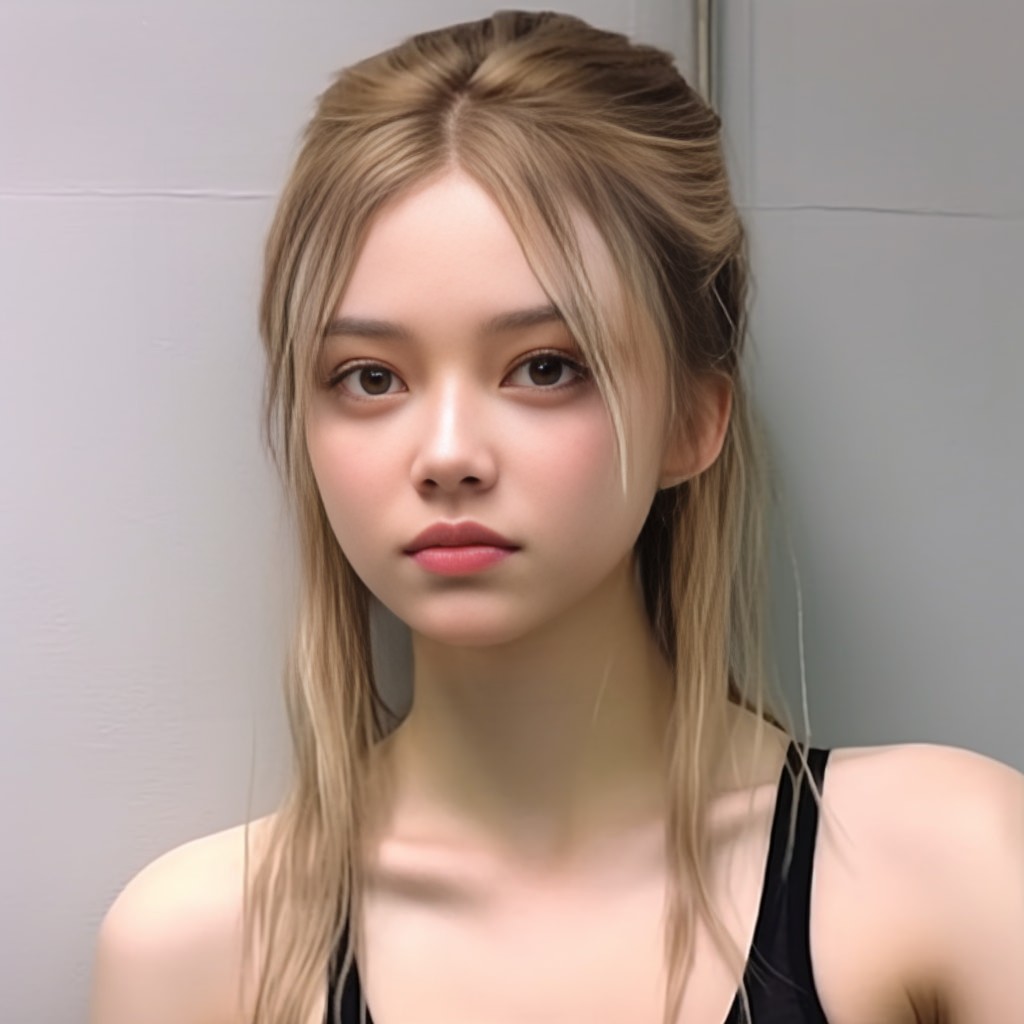 a 16-year-old girl with white skin skinny ponytail front view white room