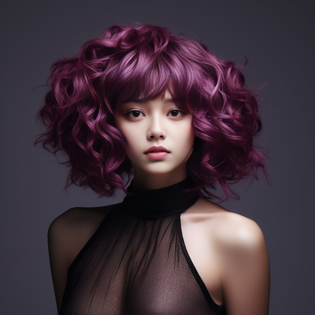 Chinese woman with grape-violet colored air curly short hair with a fringe timeless beauty hyper-realistic representation