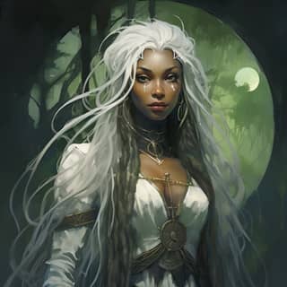 DnD dusky-skinned human woman with long limbs perfect and exquisite beauty wide radiant lime-green eyes and long ivory-hued