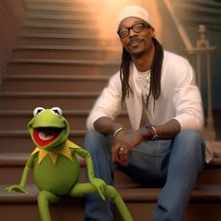 Snoop Dogg smoking a joint and Kermit the frog playing a banjo on a city stoop