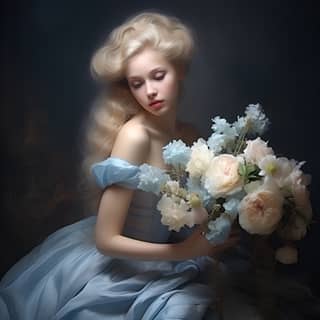 an illustration of a flowerfilled girl holding a bouquet in the style of jessica drossin mandy disher hans zatzka pastel