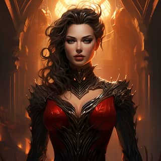 beautiful female villain, in a red dress with horns