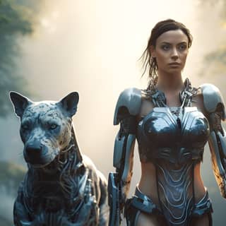 in a clearing on an unknown planet cyborg woman walks with a synthetic dog a robot dog