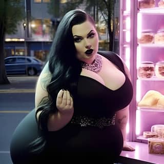 Eine Frau in einem schwarzen Kleid und Strümpfen steht vor einem Donut-Laden und genießt Donuts im Dunkin-Laden. Sie wiegt 800 Pfund und hat einen Rockabilly-Gothic-Stil.