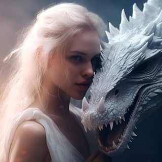 kissing and hugging the White Dragon close up portrait amazing white Dragon with a barefoot young pale skin woman with white