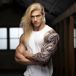 Un homme musclé avec de longs cheveux blonds et des tatouages