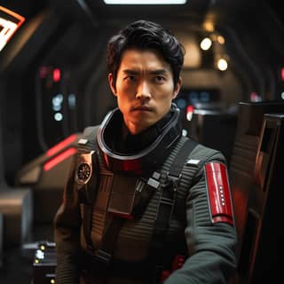 scene from star wars Asian male short black hair red command uniform spaceship interior