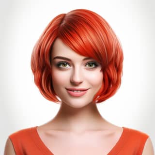 a smiling realistic red hair bob hair cut woman consumer