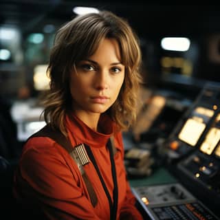 space movie still eastern European female brown bob haircut red uniform control room