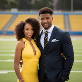 very attractive black man and black woman standing on a football field They are holding hands They are happy The woman is