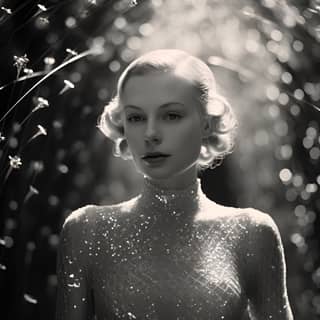 Alma King Grace Kelly walking with some silver sparkles in the style of ethereal forms cinestill 50d claude cahun rebecca