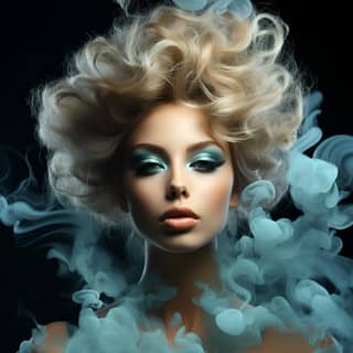 Beautiful face made of smoke and mirrors, beautiful blonde woman with blue smoke in her hair