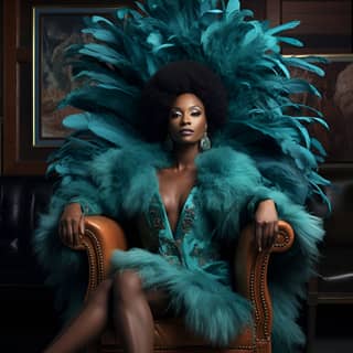 Expensive jewellery, in a turquoise feather dress sitting on a chair