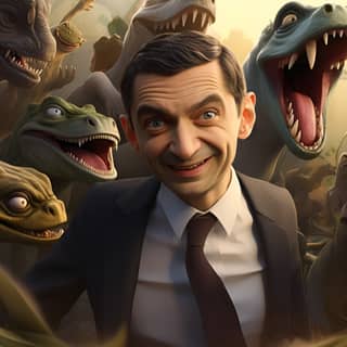 Mr Bean taking selfie with his prehistoric friends, in a suit surrounded by dinosaurs