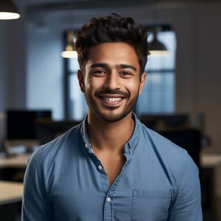 an indian man smiling and smiling in an office in the style of dark maroon and light blue delicate modeling webcam