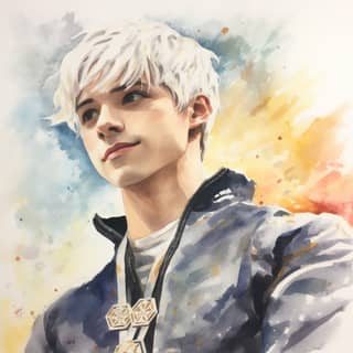 Personnage masculin de patineur artistique en aquarelle animé avec des cheveux blancs et une croix sur l'épaule, tenant une médaille d'or.