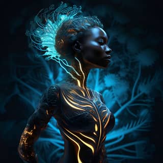 a black woman sculpture in the style of bioluminescence skeletal labcore scientific diagrams tropical symbolism